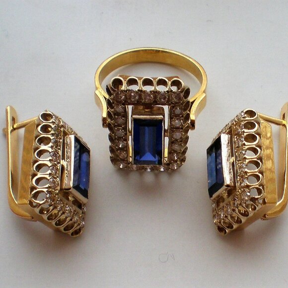 Vintage Russian USSR 18K 750 Yellow White Gold Sapphire Diamond Cluster Ring - Picture 12 of 13